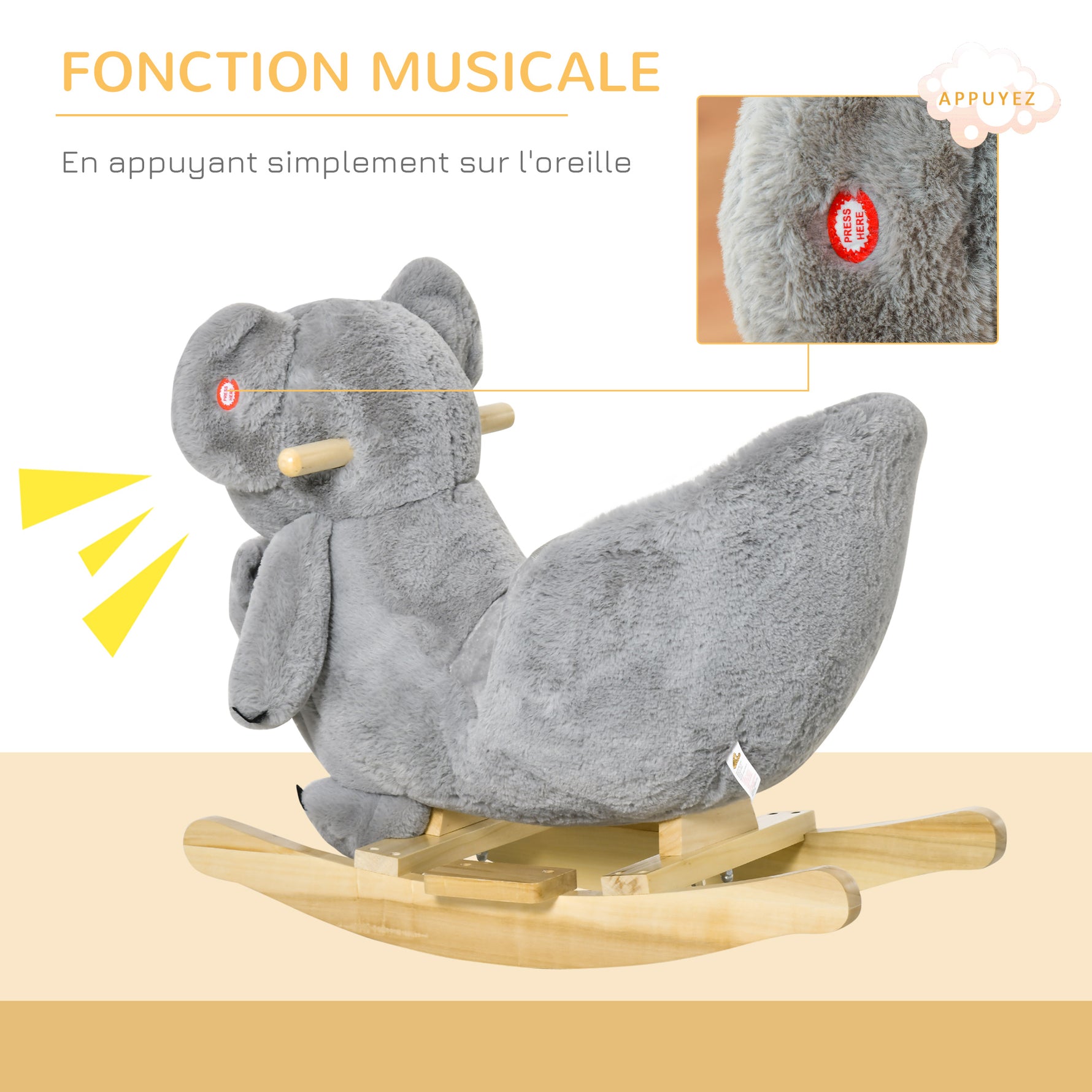 Jouet à Bascule Koala avec marionnette - Effet sonore Rugissement - Fauteuil intégré, Ceinture de sécurité - pour 18-36 mois - Bois peuplier Peluche Courte Polyester Gris