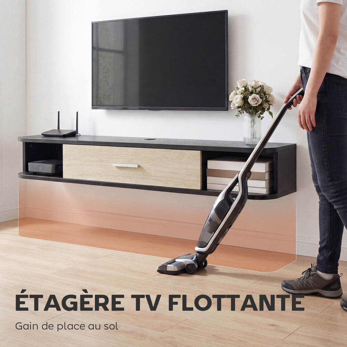 Meuble TV Suspendu 120 cm, Meuble télé jusqu'à 50 Pouces, Porte Rabattable, 2 Étagères Ouvertes et Passe-câbles, Noir