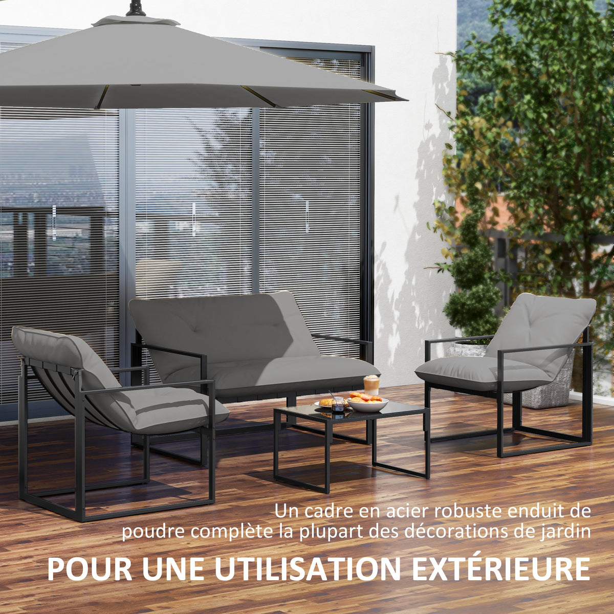 Salon de jardin 4 pièces 4 personnes avec canapé 2 places, 2 fauteuils et 1 table basse gris
