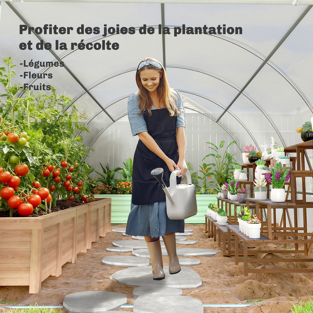 Serre de Jardin Tunnel Surface Sol 18 m² 6L x 3l x 2H m châssis Tubulaire renforcé 24 mm 8 fenêtres Blanc