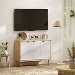 Buffet à haute brillance, meuble de rangement avec 3 portes, étagères réglables, 107 x 35 x 77 cm, blanc et chêne