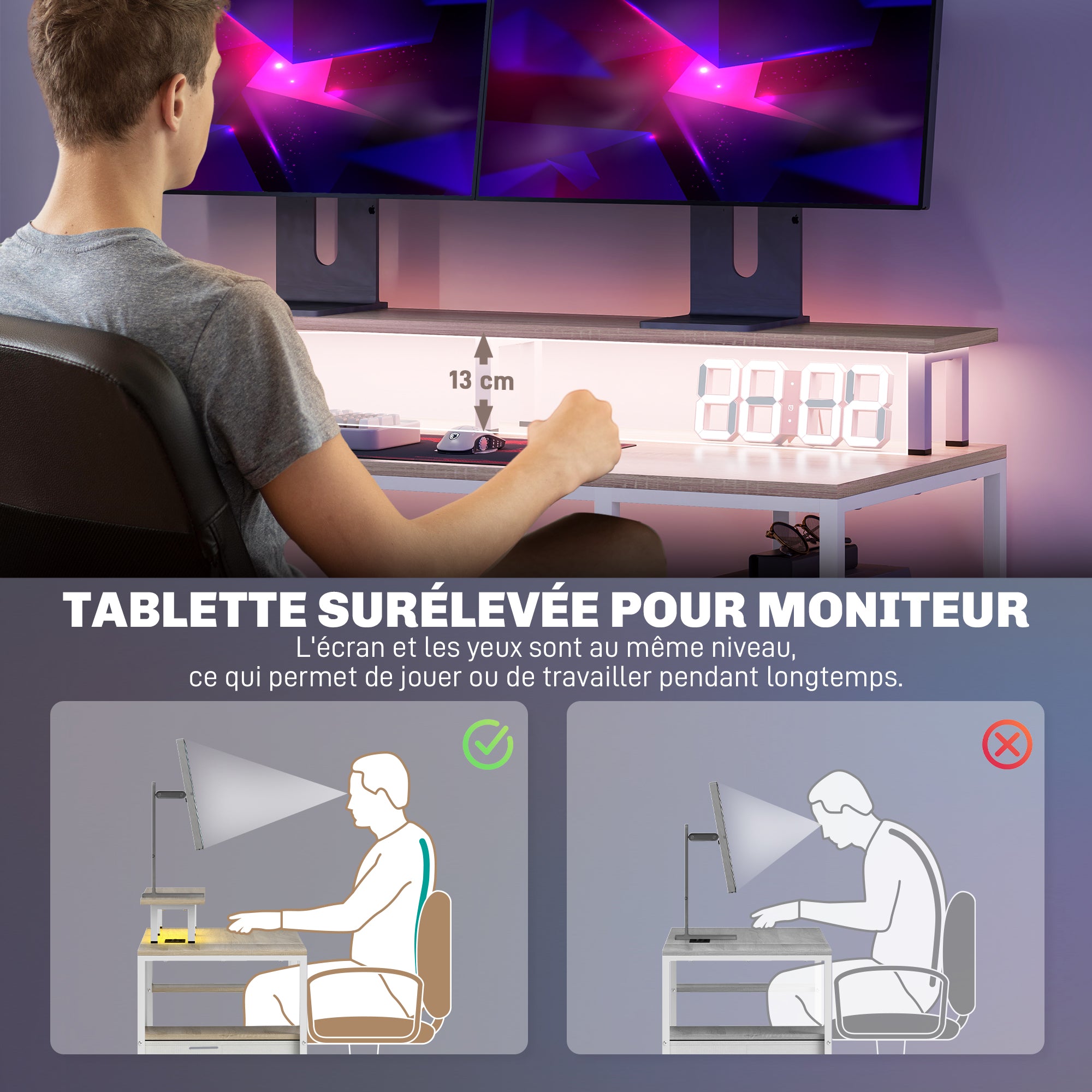 Bureau d'ordinateur bureau lumières LED réglables 2 prises ports USB tiroirs étagères 155,5x48x88,5cm effet bois naturel