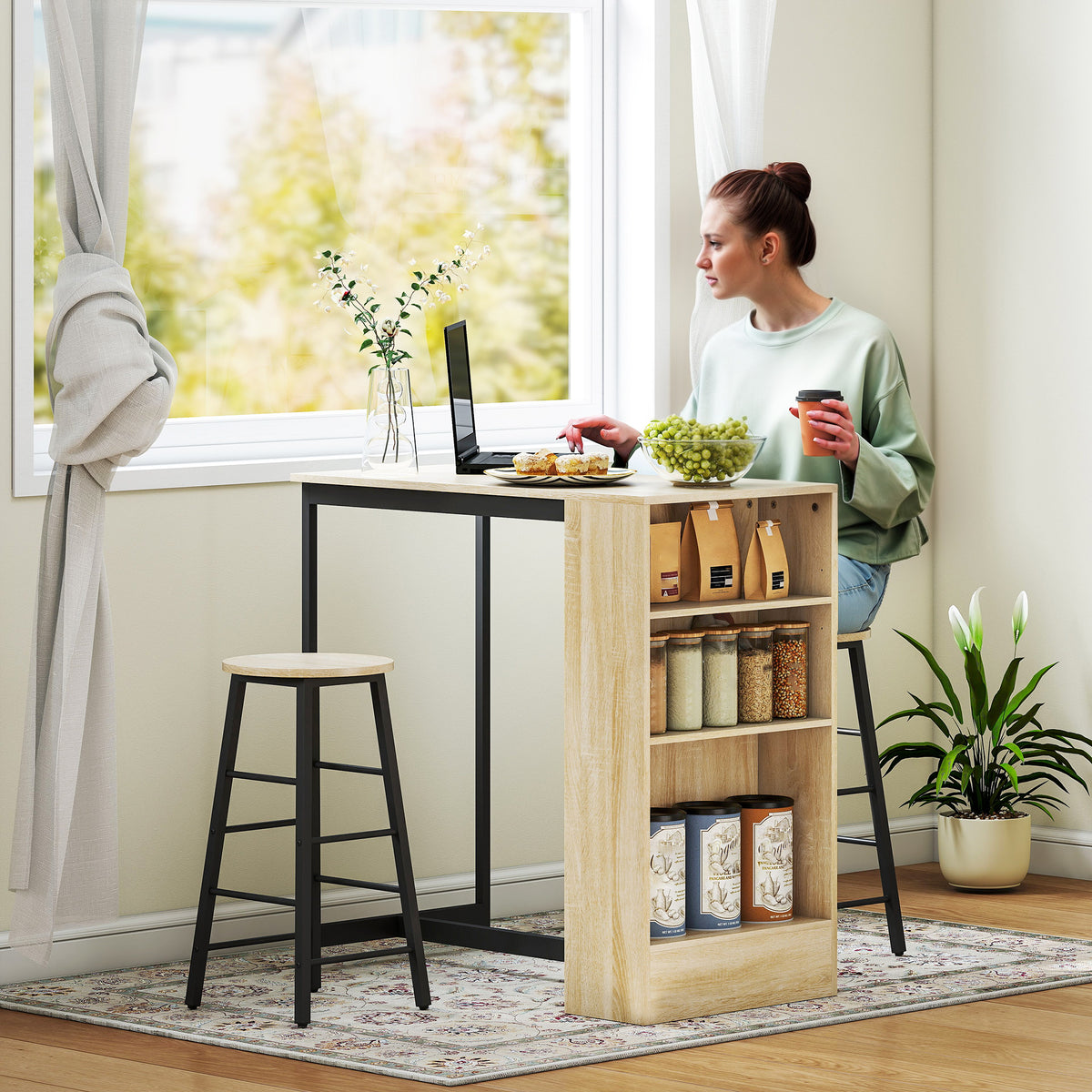 Bartisch-Set mit Hockern, offenen Fächern, verstellbarem Regal und Fußstützen, Eiche und Schwarz
