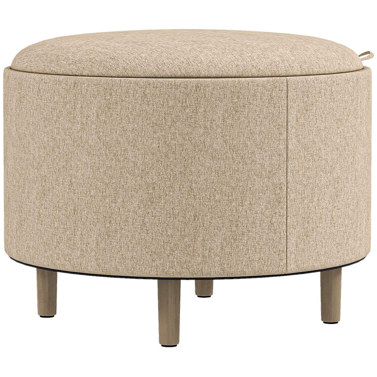 Pouf rotondo poggiapiedi sgabello con vano contenitore, vassoio reversibile, mobile 3 in 1 gambe in legno beige