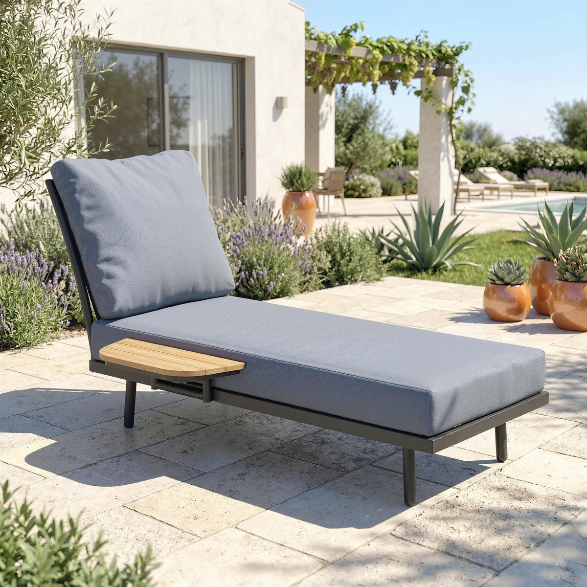 Chaise Longue de Jardin avec Coussins Lavables en Oléfine et Étagère Latérale, Cadre en Métal, 58x137x75cm, Gris