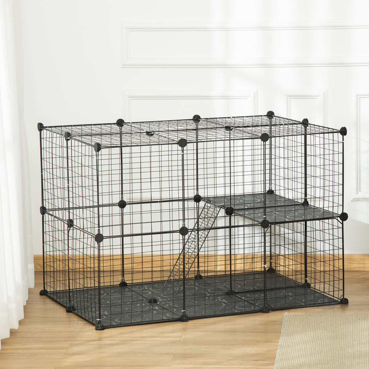 Enclos pour petits animaux, cage à lapin modulable 3 niveaux, 39 panneaux avec  rampes, en métal, 70 x 70 x 105 cm, noir