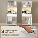Buffet haut cuisine avec LED et station de charge, armoire de cuisine avec 4 portes, tiroir et plan de travail, blanc