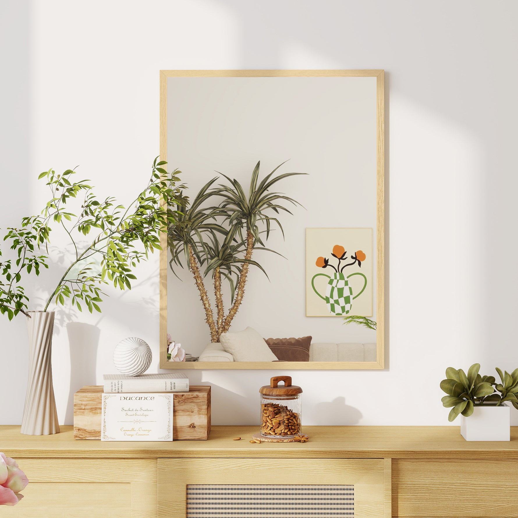 Miroir mural rectangulaire 80 x 60 cm, cadre en bois naturel, idéal pour la salle de bain, salon ou chambre