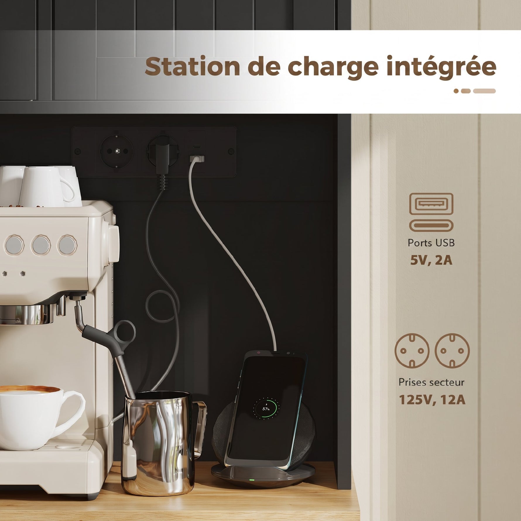 Buffet haut cuisine, armoire de cuisine, station de charge, 6 portes, plan de travail, porte-épices, 100x40x173cm, noir