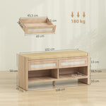 Banc chaussures entrée, banc de rangement, assise rembourrée en lin, 2 tiroirs en rotin et étagère ouverte, chêne