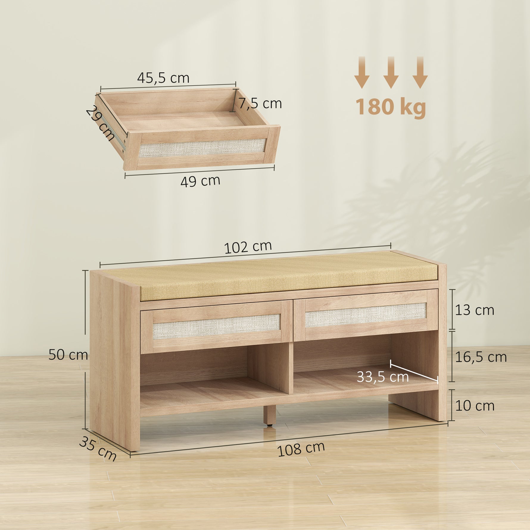 Banc chaussures entrée, banc de rangement, assise rembourrée en lin, 2 tiroirs en rotin et étagère ouverte, chêne