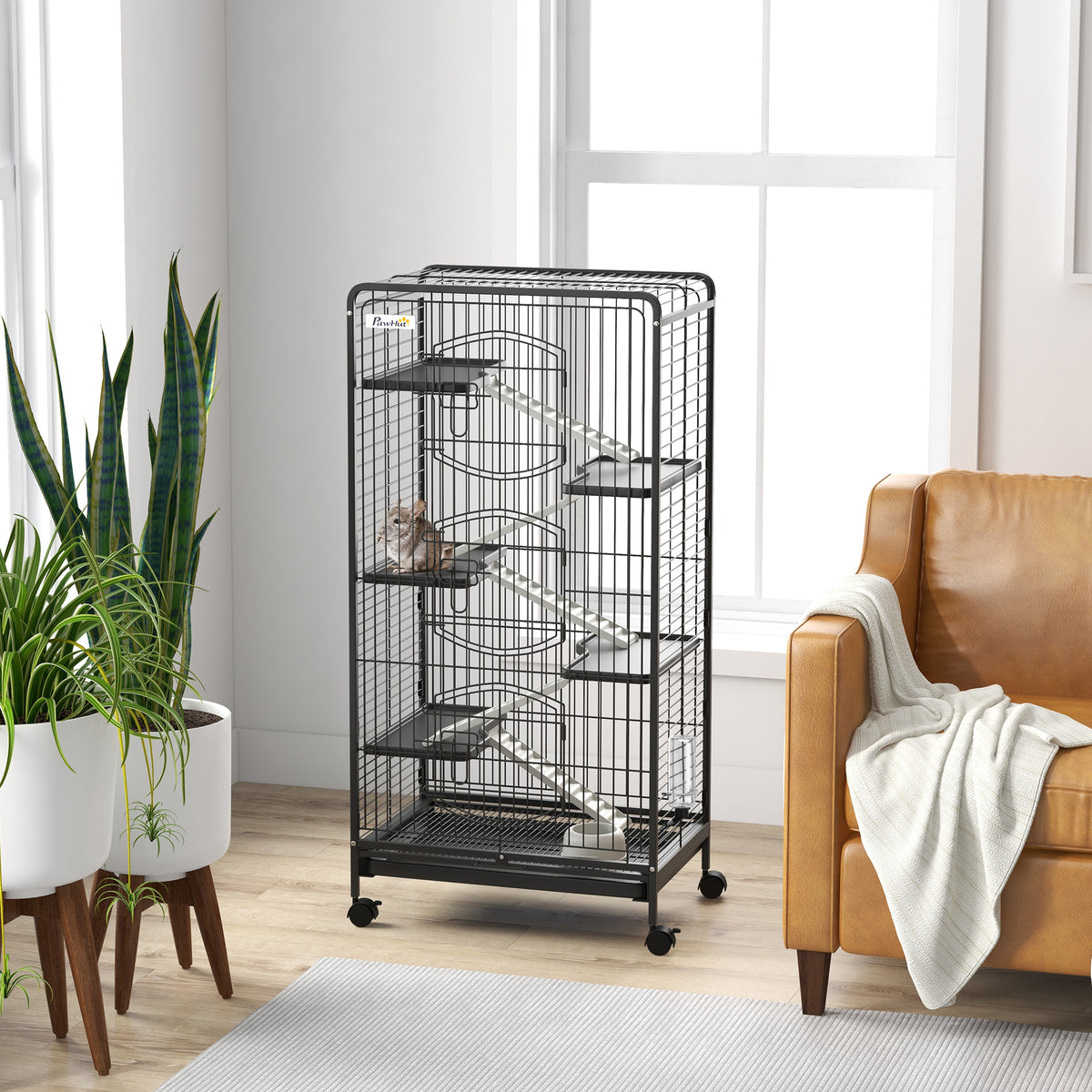 Cage pour Petits Animaux Roulante 5 Rampes 5 Plates-formes Plat et Bouteille d'Eau 250 ml Bac Inférieur Amovible