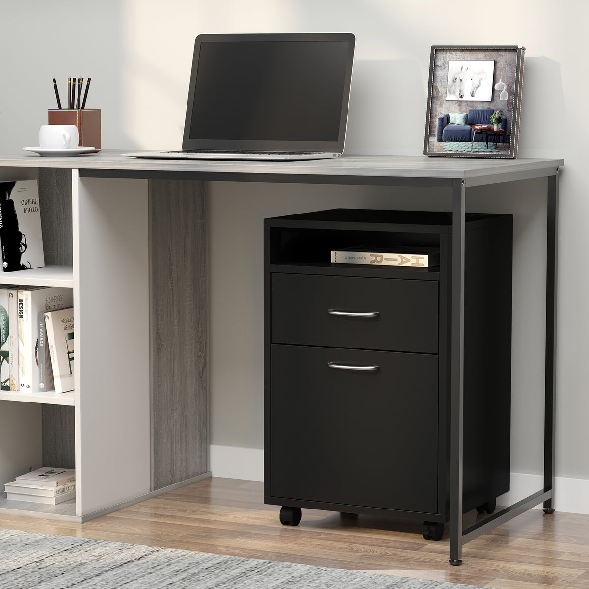 Caisson de bureau rangement bureau sur roulettes tiroir placard niche panneaux particules noir