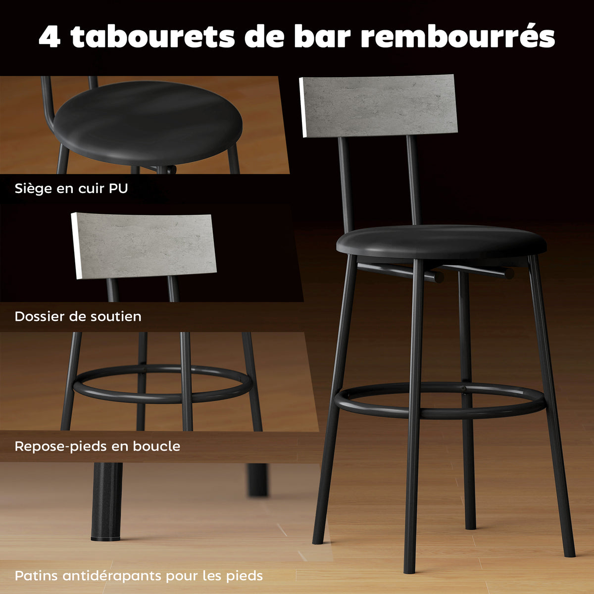 Conjunto de mesa de bar con taburetes, mesa de bar alta y 4 taburetes, estructura de acero, 110 x 55 x 90 cm, blanco