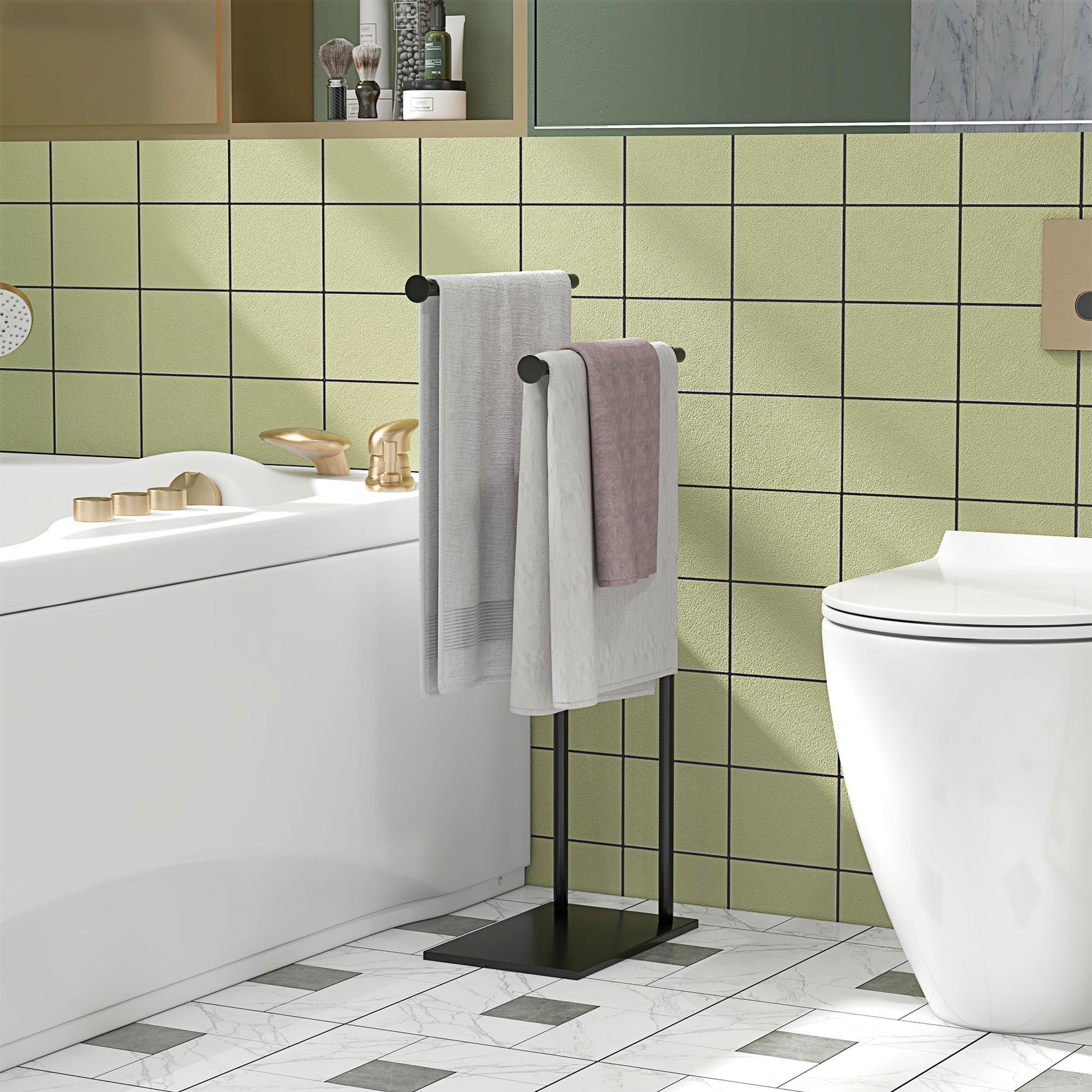 Porte-serviettes sur pied en acier avec 2 barres support pour serviette 35,5l x 20P x 78H cm - noir