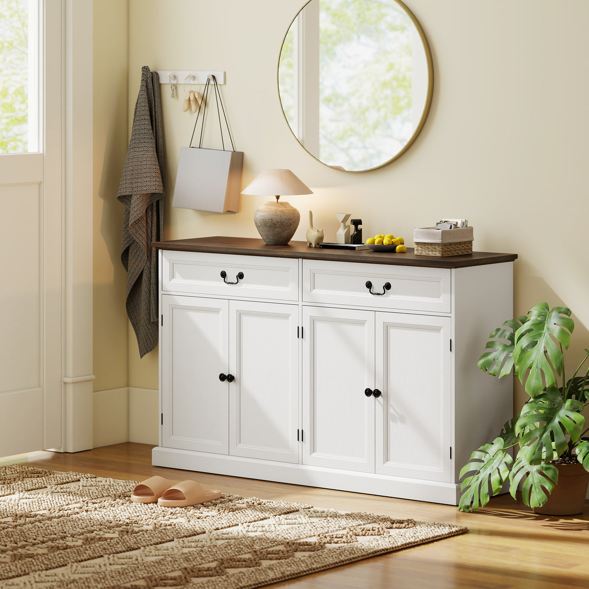 Buffet salon, meuble de rangement avec 4 portes, 2 tiroirs silencieux, étagères réglables, 140x40x85cm, blanc et marron