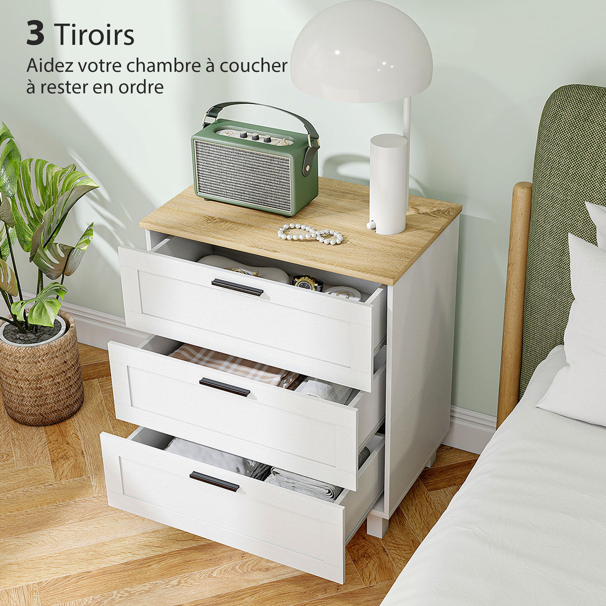 3-drawer dresser, modern storage unit with solid wood legs and wood-effect top, 60 x 38 x 71 cm, white
