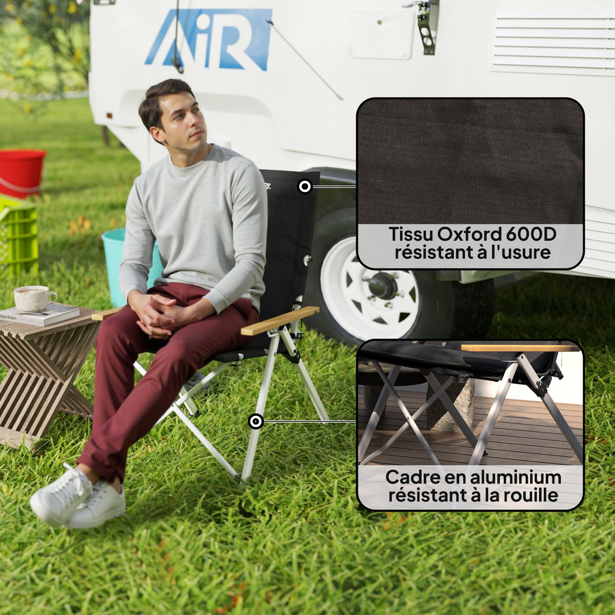 Chaise de camping chaise de pêche pliante, dossier haut, coussin amovible et sac de transport, 59x67x96cm, noir