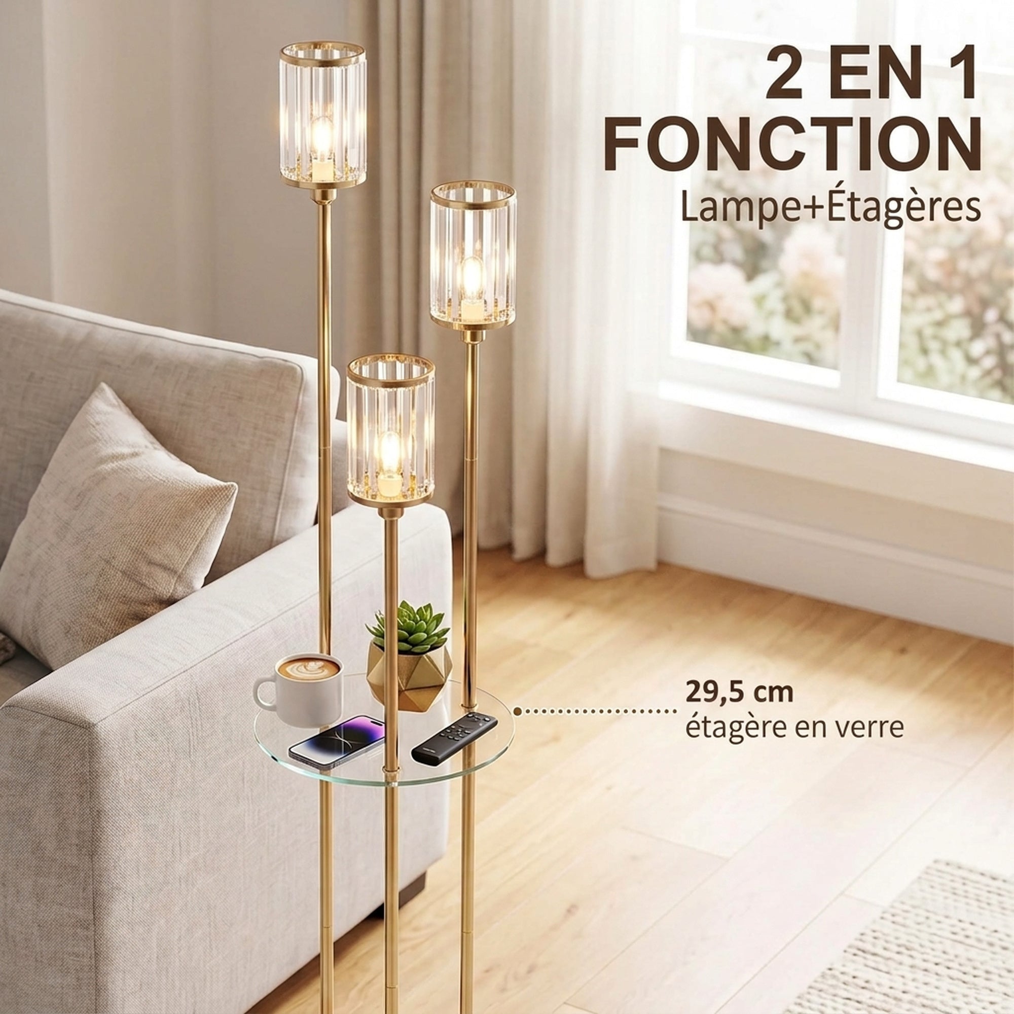 Lampadaire Étagère Verre 3 Lumières Lampe sur Pied Abat-jour Verre Doré