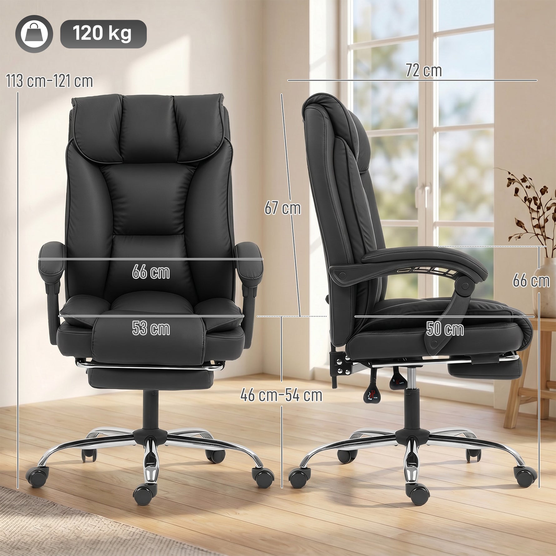Chaise de bureau ergonomique, fauteuil de bureau inclinable avec repose-pieds, hauteur réglable, pivotante 360°, noir