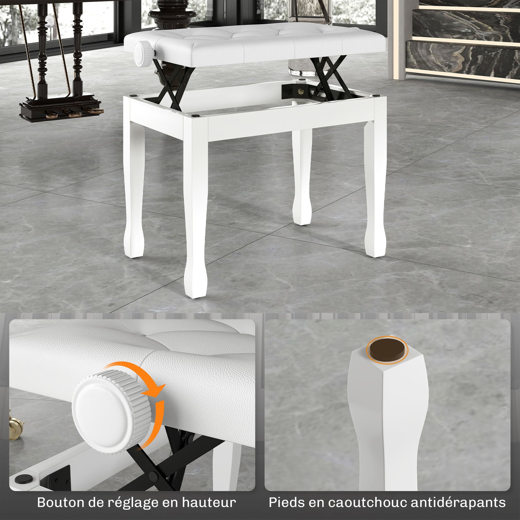 Banc de piano, banc de clavier réglable en hauteur en bois massif, siège rembourré, 64 x 35 x 45-55 cm, blanc