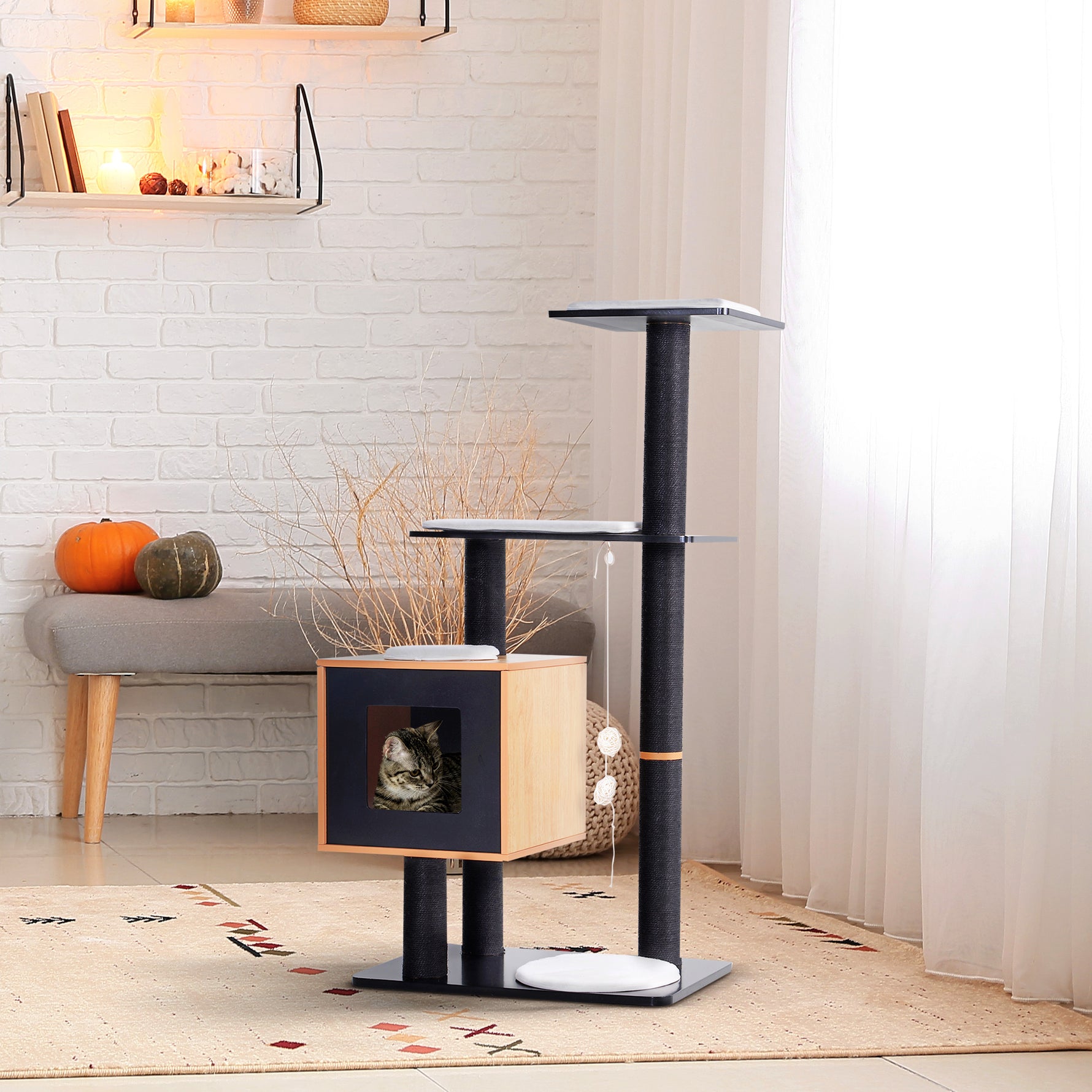 Arbre à chats design contemporain griffoirs grattoirs sisal naturel centre d'activités niche plate-formes jeu boules suspendues 71,5L x 49,5l x 120H cm MDF noir hêtre