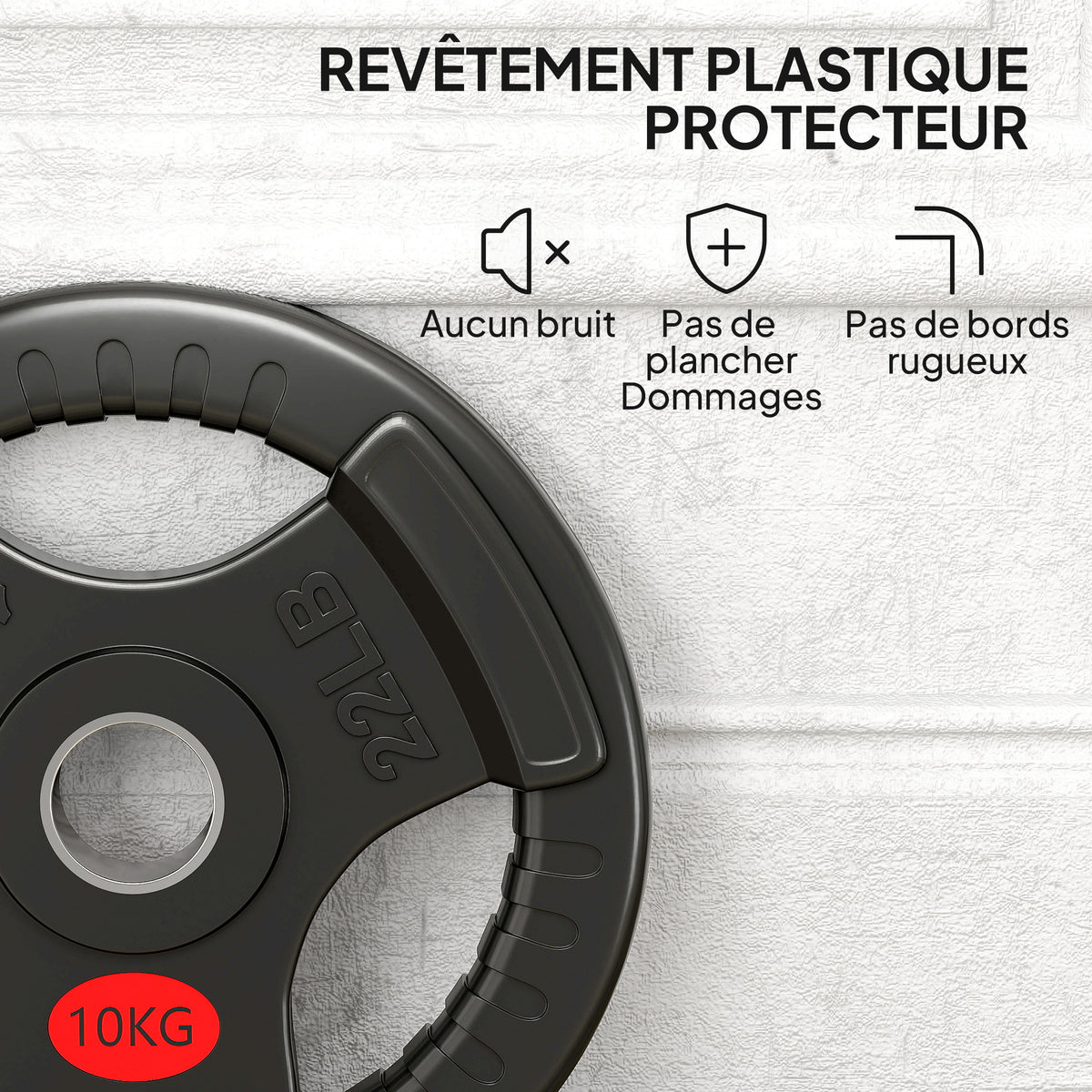 Disques de Poids en Acier 20 kg, Finition PVC, Plaques de Poids 2 x 10 kg, 3 Poignées, Trous de Ø 50 mm, Noir