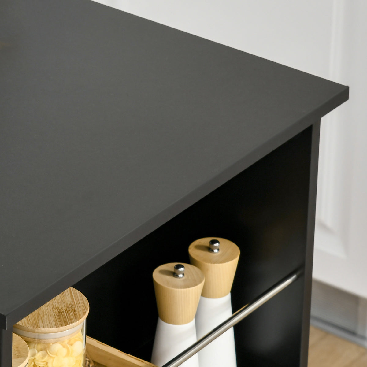 Bar mahai sukaldeko mahai altua zutik jateko mostradorea - neurriak: 112L x 57l x 106H cm - 3 apal - beltza