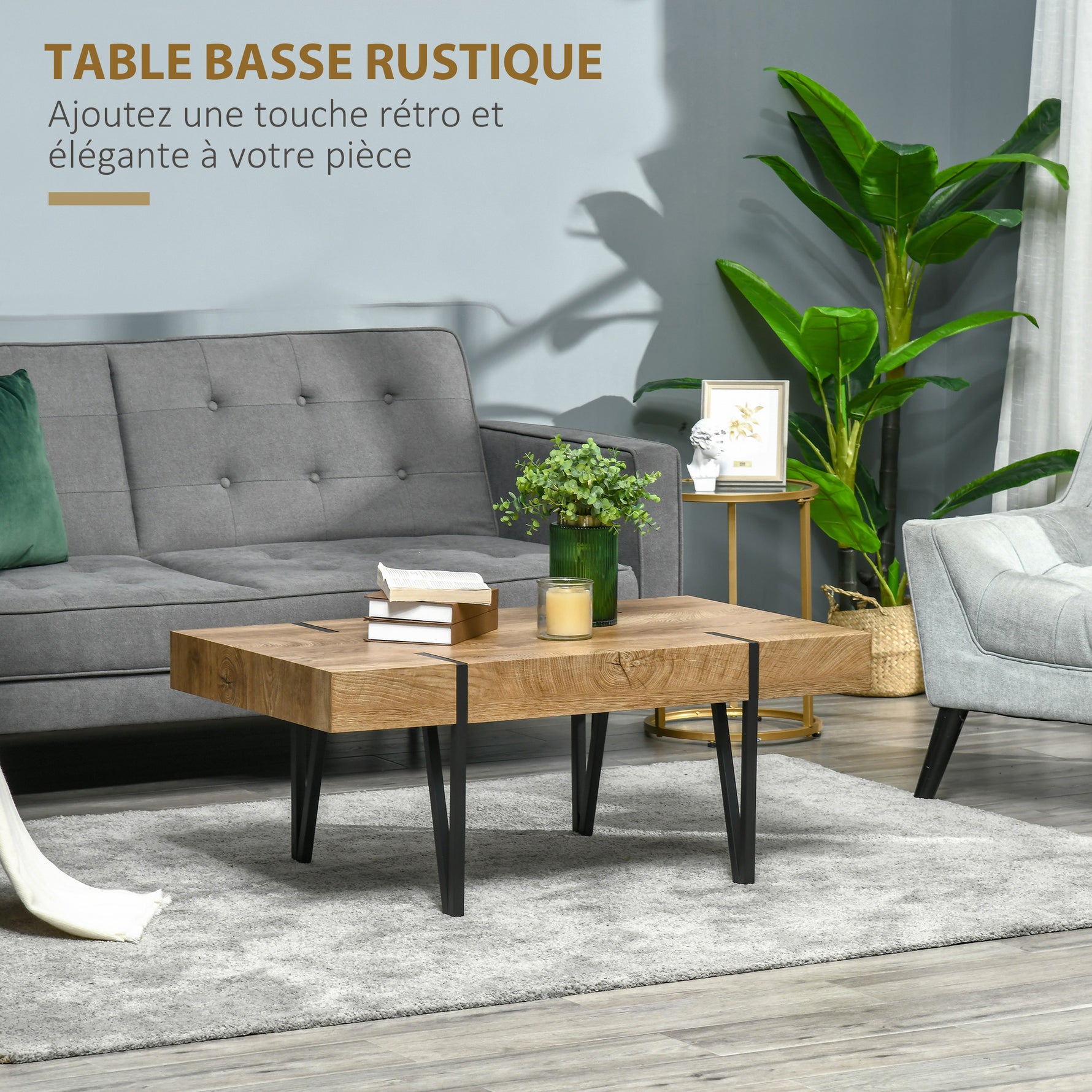 Table Basse rectangulaire Style Industriel piètement épingle métal Noir Plateau Aspect Ancien bastaing, 105 x 60 x 42 cm, Bois