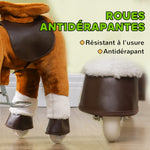 Cavallo giocattolo per bambini a rotelle con sella rialzata per bambini 3-5 anni, portata 60 kg, 70 x 28 x 70 cm, marrone