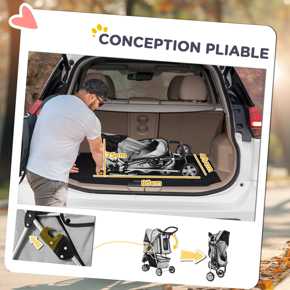 Poussette Buggy Pliable Animaux, Chariot Pliant Chien Chat, Porte-Gobelet Panier De Rangement Inclus, Roues Avec Frein, Tissu 600D Oxford Acier, 75 x 45 x 97 cm Gris