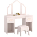 Coiffeuse pour Enfants avec Tabouret et Miroir à Trois Volets en Acrylique, 2 Tiroirs et 2 Placards, Rose