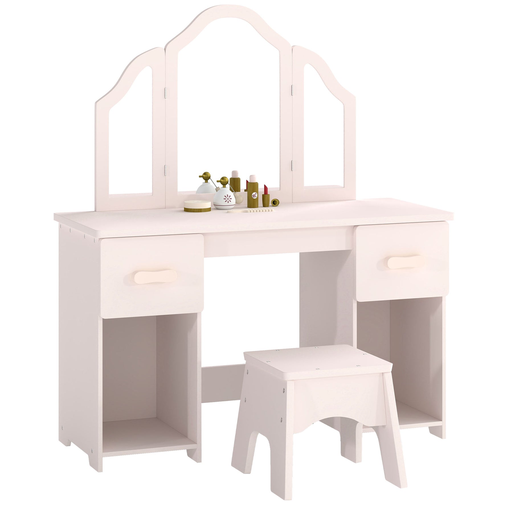Coiffeuse pour Enfants avec Tabouret et Miroir à Trois Volets en Acrylique, 2 Tiroirs et 2 Placards, Rose