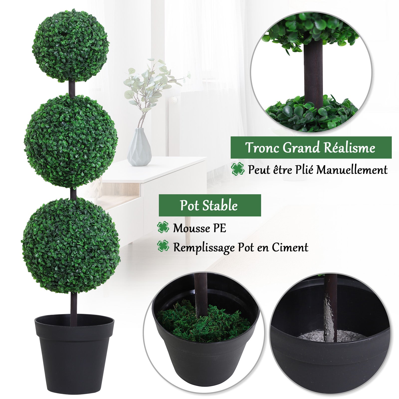 Buis Artificiel topiaire Artificielle en Forme de Boules dim. Ø 30 x 112H cm Vert