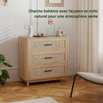 Commode 3 Tiroirs en Rotin, Meuble de Rangement, Chiffonnier, Pieds en Bois Massif, Style Bohème, 76x35x76cm, Chêne