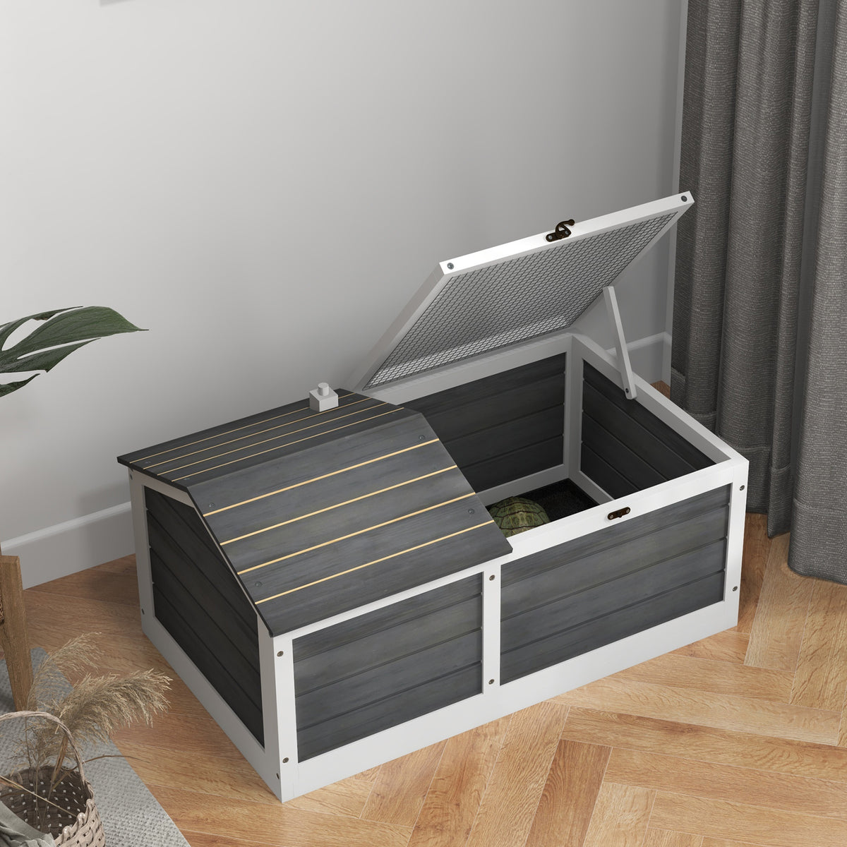 Maison enclos cage pour petit animal tortue avec 2 espaces 86 x 54 x 43 cm - bois de sapin