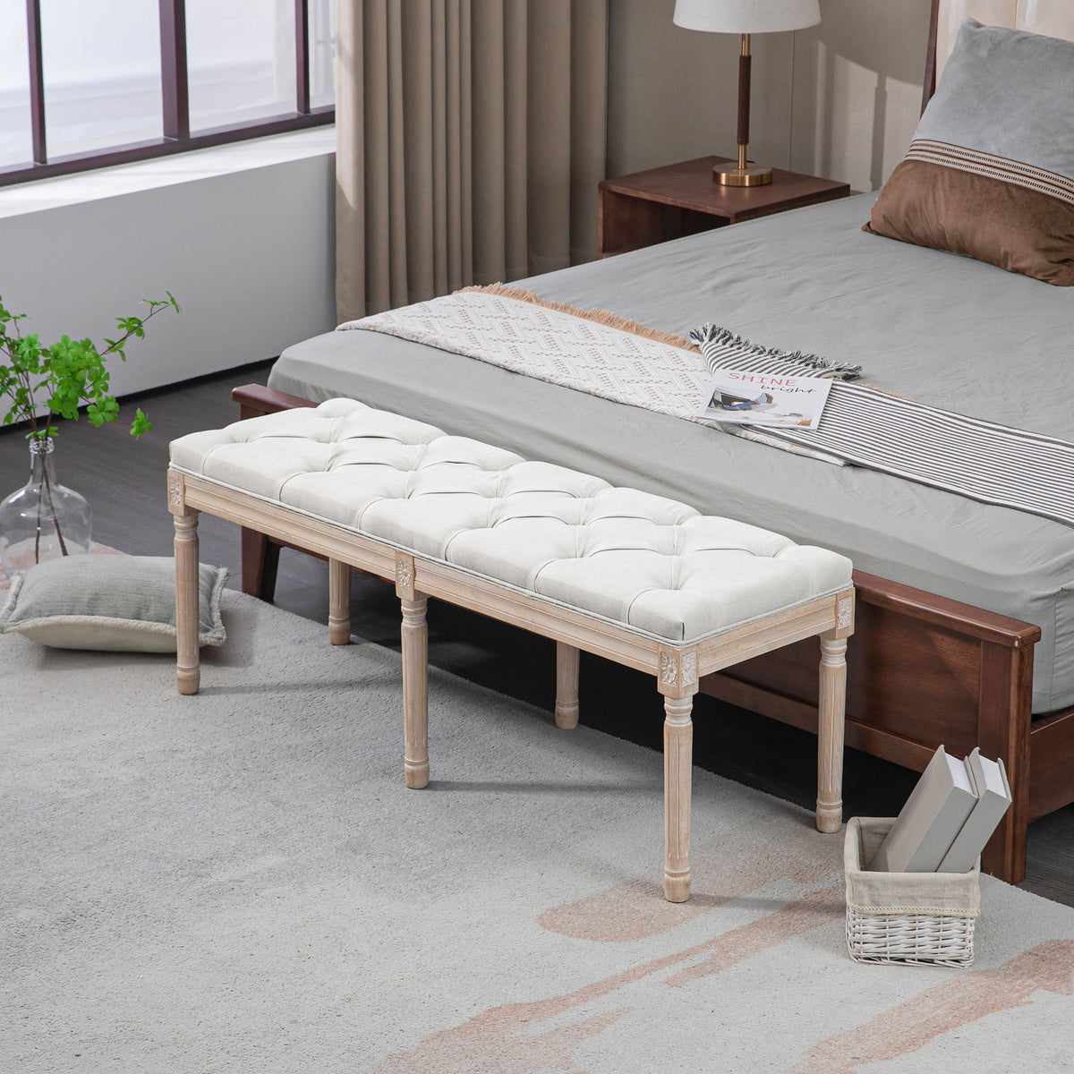 Banc bout de lit banquette capitonnée style vintage français revêtement tissu aspect lin pieds en bois massif crème