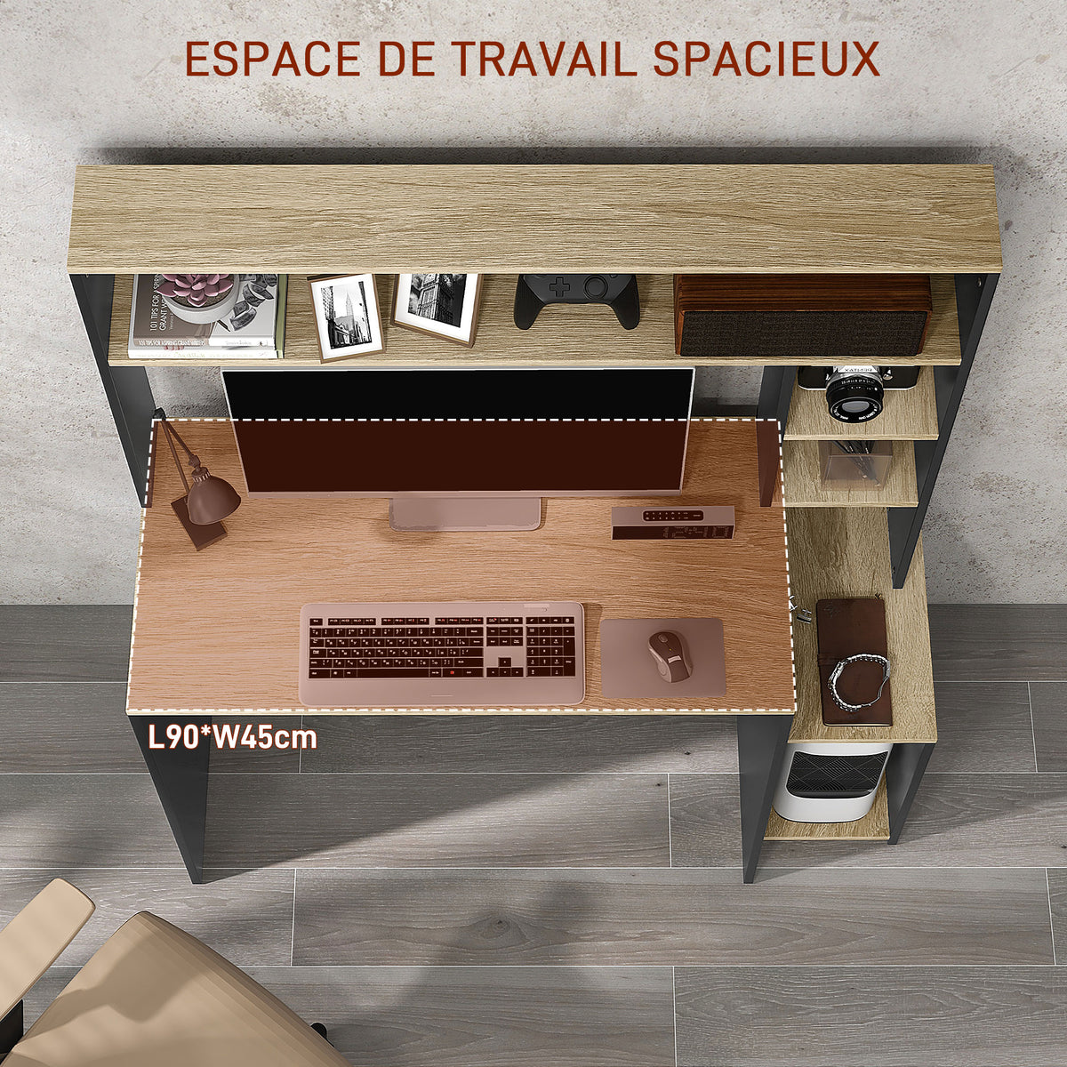 Bureau multi-rangements avec étagères, support pour unité centrale, grand bureau, 114L x 45l x 138H cm
