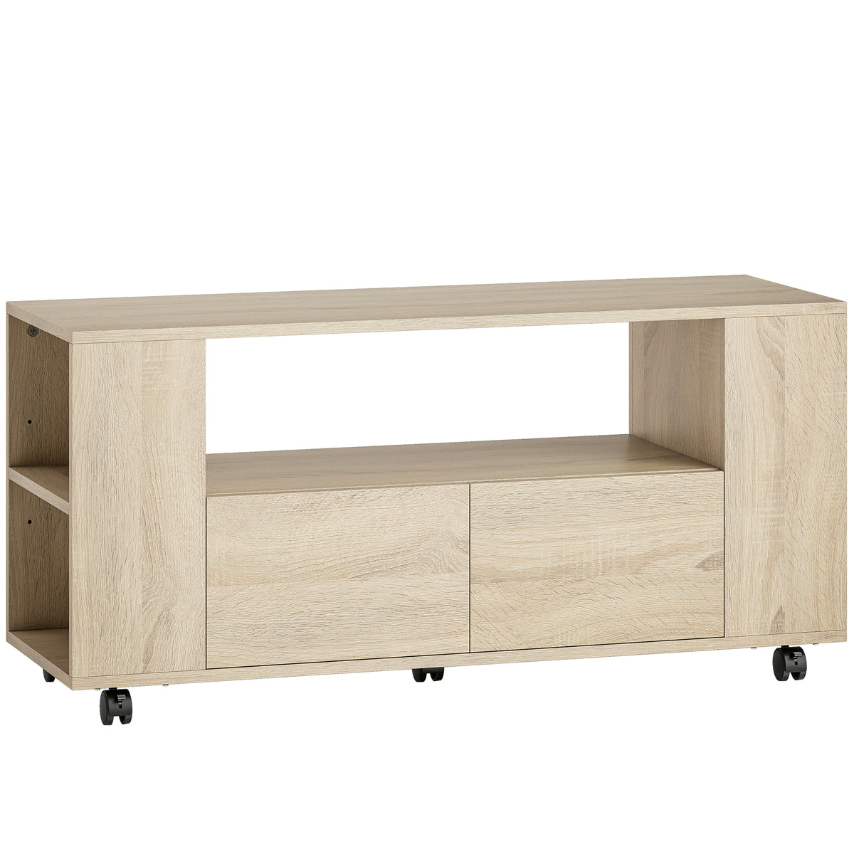 Meuble TV sur roulettes 102 cm, meuble télé pour téléviseur jusqu'à 42 pouces, 2 tiroirs, compartiments ouverts, naturel