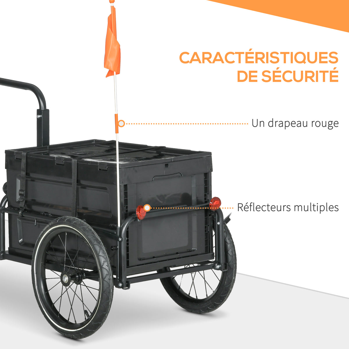 Remorque à vélo avec coffre de rangement amovible et pliable de 65L, réflecteurs de sécurité, charge max. 40KG, noir