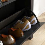 Armoire à chaussures 2 portes abattantes 2 compartiments poignées coquilles métal 79 x 23 x 90,5 cm noir chêne