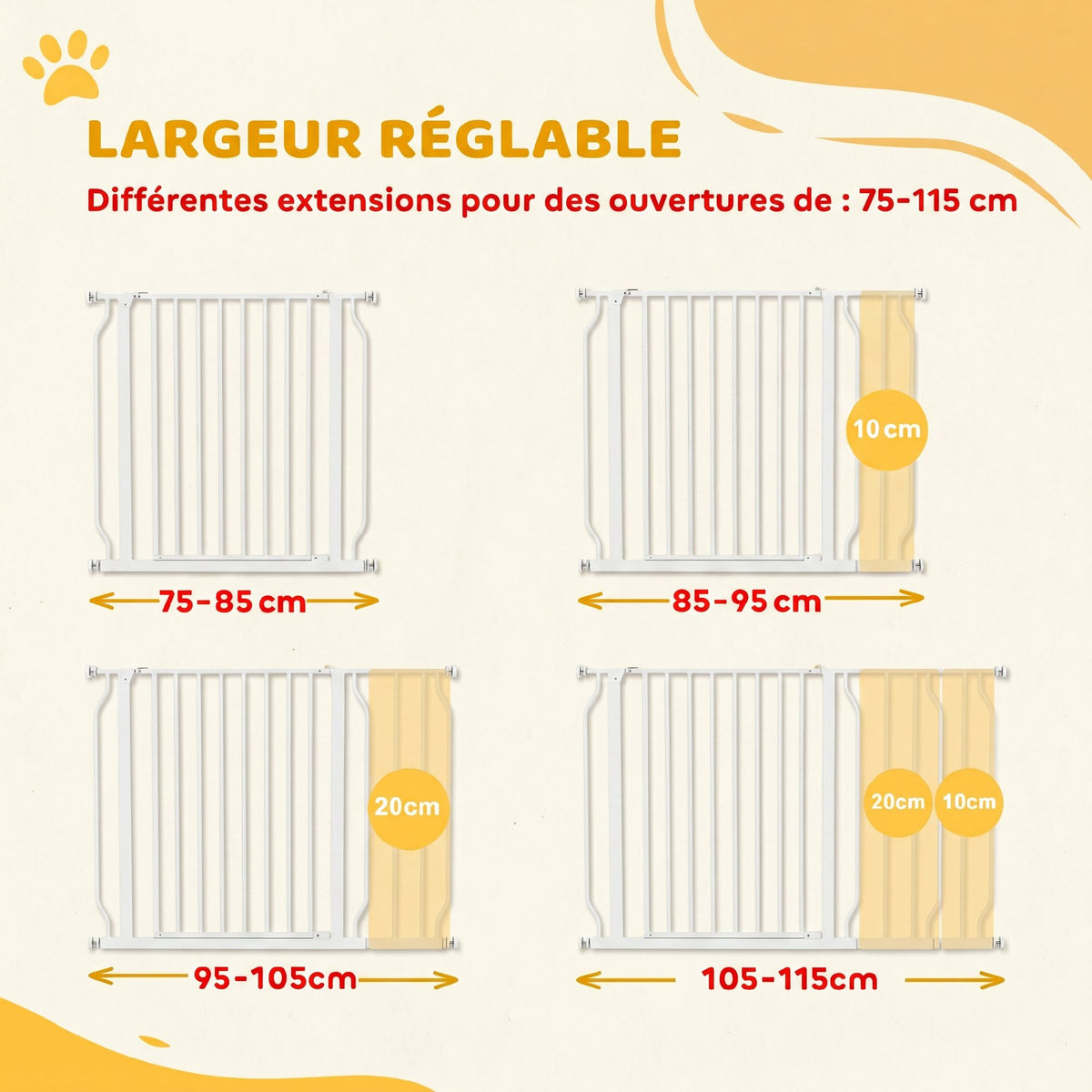 Barrière de sécurité barrière pour animal domestique longueur réglable dim. 75-115L x 76H cm blanc