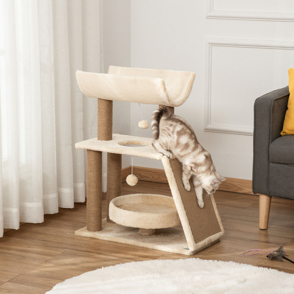 Arbre à chats design cosy chic multi-équipements centre d'activités griffoirs grattoir plateformes brun clair