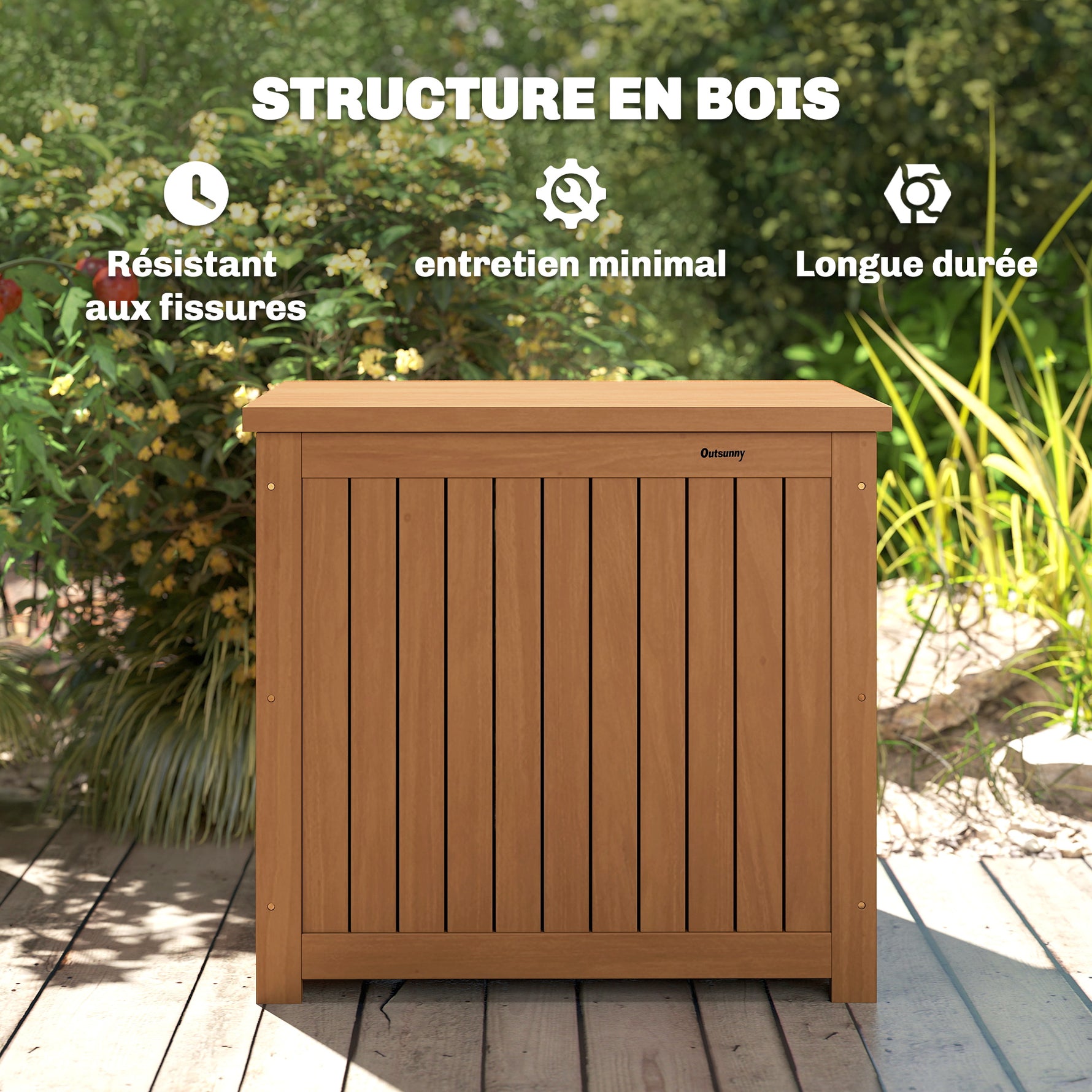 Coffre de Rangement Boîte de Jardin 130L Doublure Amovible pour Coussins et Outils Bois Massif Brun