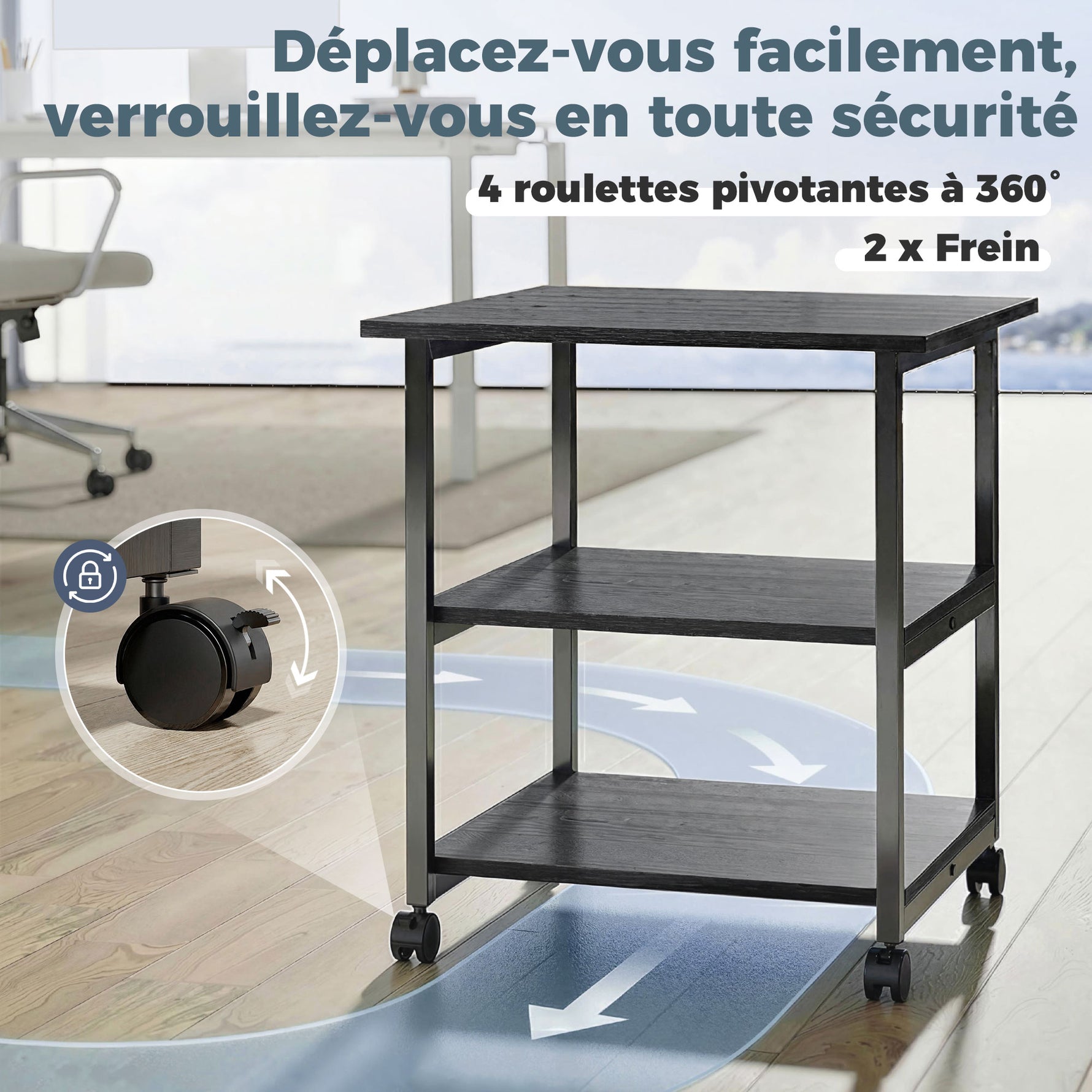 Support d'imprimante desserte de rangement 3 niveaux étagères mobile sur roulettes 50 x 50 x 52,5 cm
