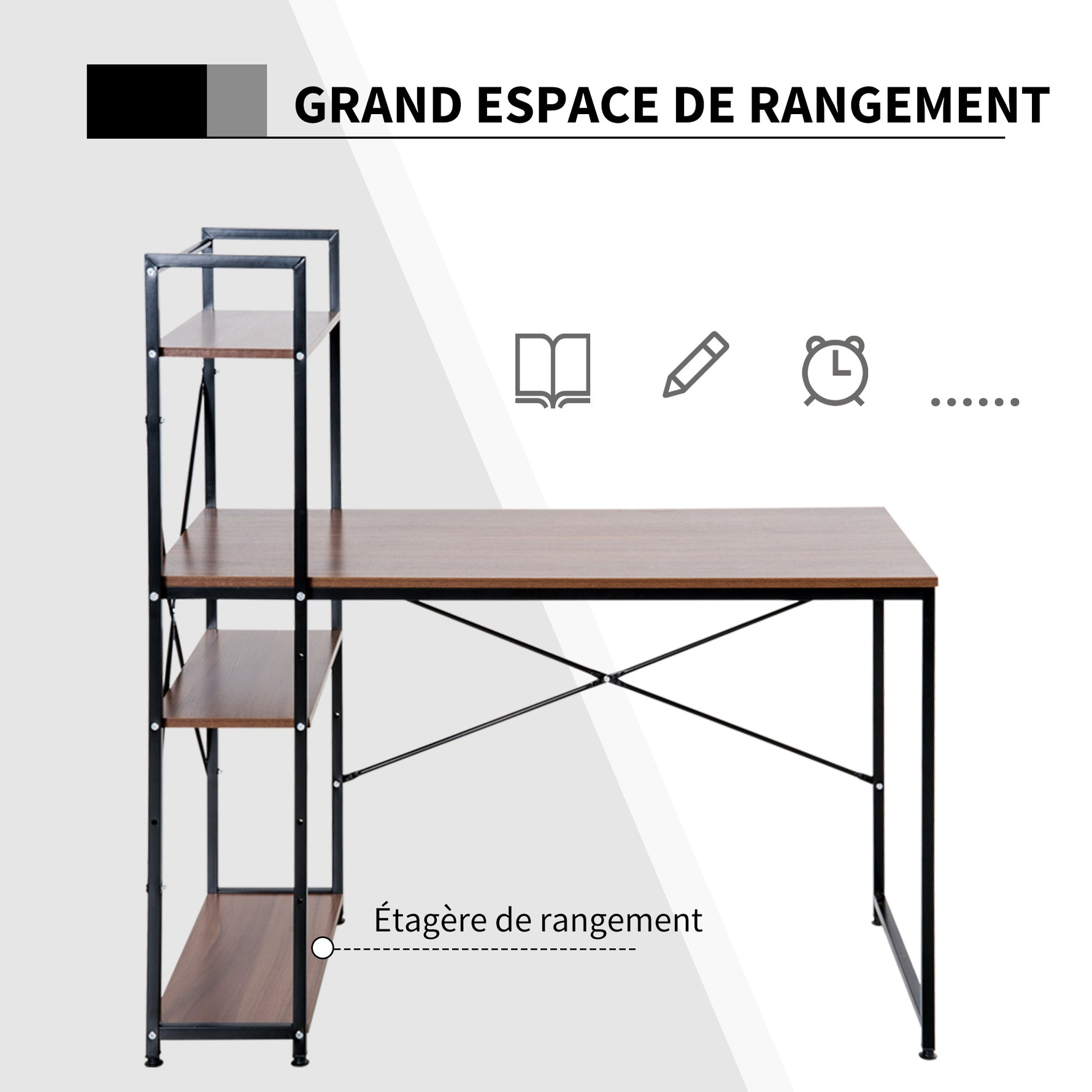 Bureau d'angle avec rangement design Industriel avec bibliothèque 3 étagères panneaux particules aspect noyer