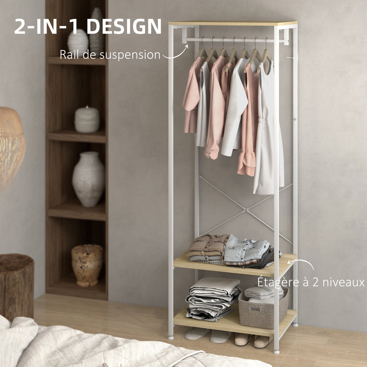Coat rack with hanging rail and 2 shoe shelves 60L x 40W x 167.5H cm Light wood look White metal