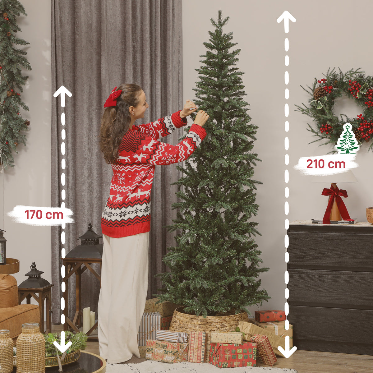 Sapin de Noël artificiel 210 cm, arbre de Noël slim avec 300 lumières 8 modes d'éclairage 826 branches articulées, vert