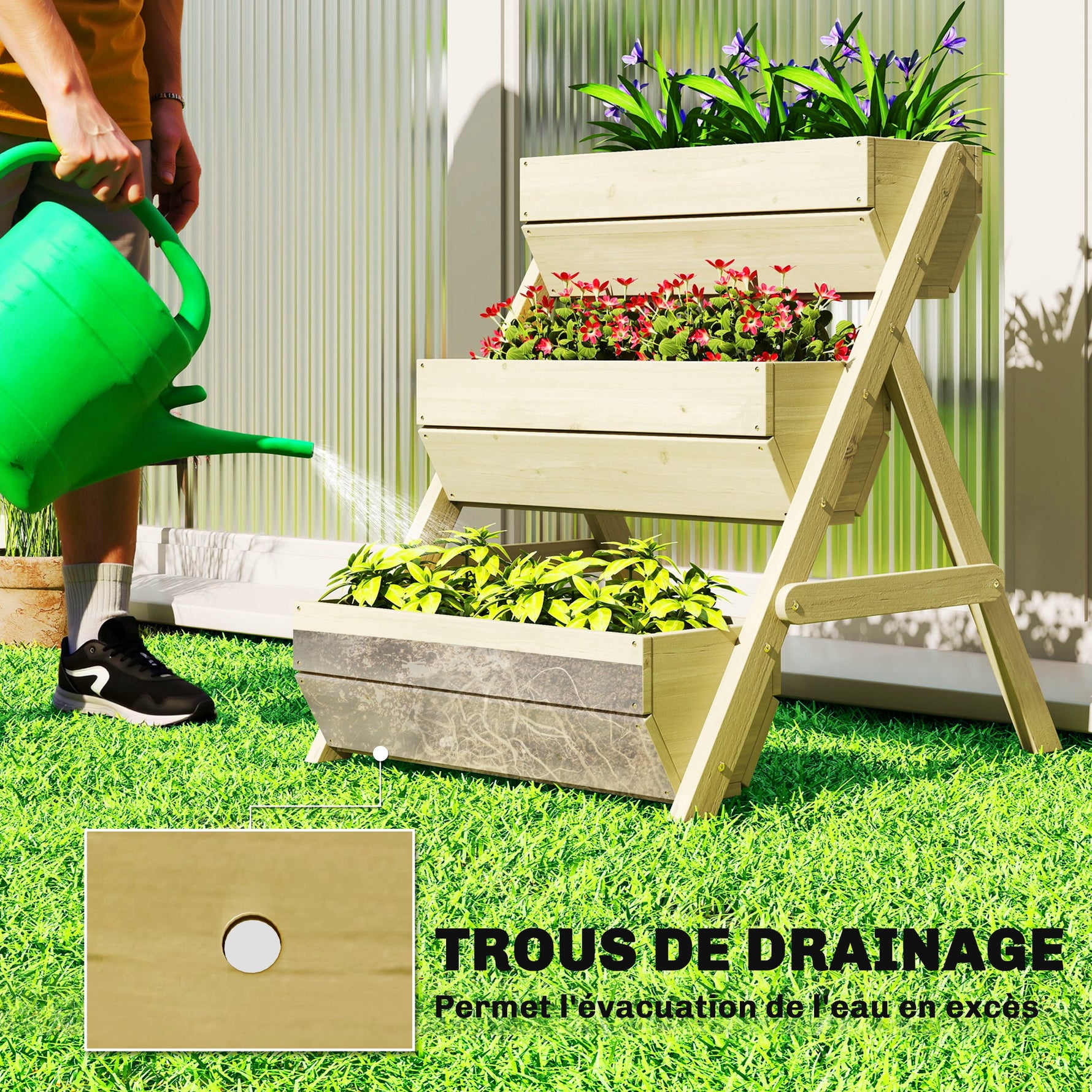 Jardinière surélevée en bois avec 3 étages, étagère en escalier pour plantes avec trous de drainage, 65x75x76cm, vert