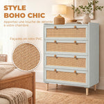 Commode 4 Tiroirs en Bois et Rotin PVC, Style Bohème, pour Chambre à Coucher, Entrée, Couloir, 80x40x109,2cm, Vert Sauge